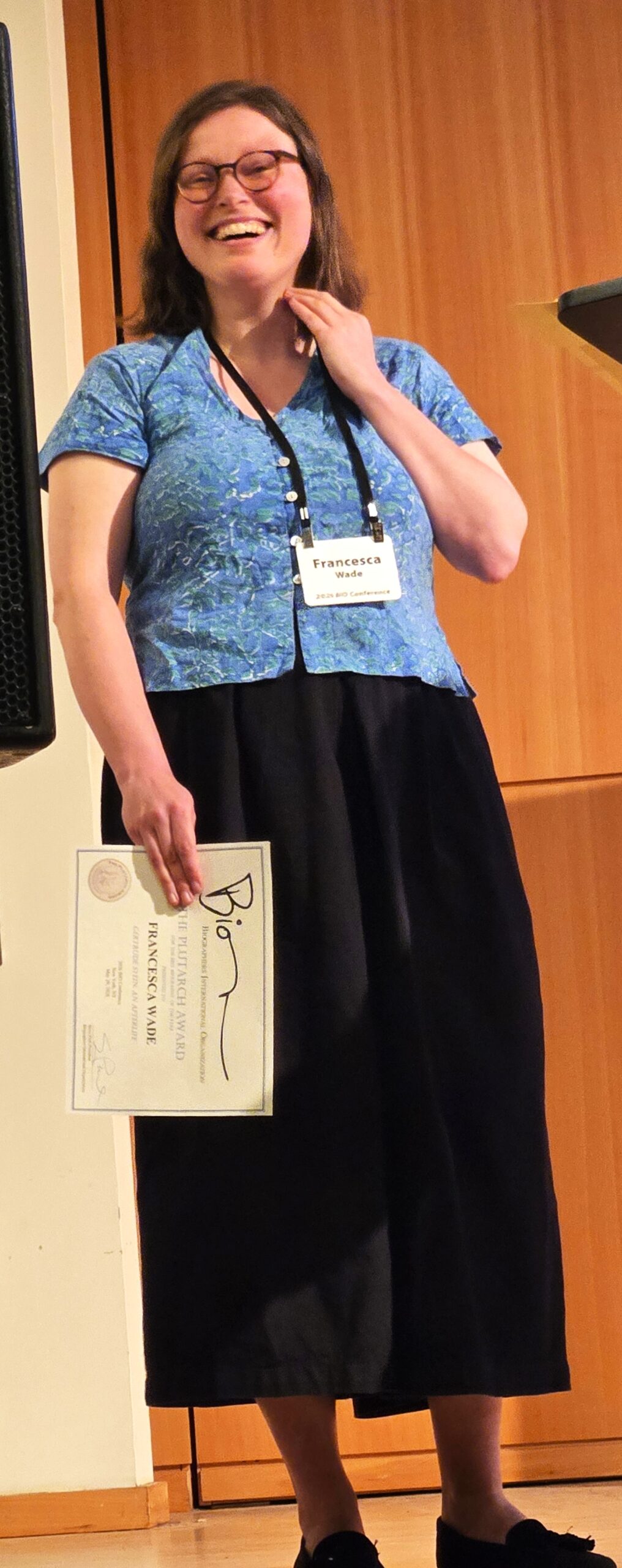 Francesca Wade – joyous winner of the BIO Plutarch Award